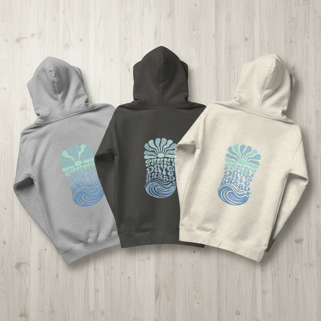 The "LOW TIDE" hoodie is inspired by the ocean's cool and clean blue tones. Each hoodie carries the same Sunny Days Ahead graphic, along with a small, understated script that reads "IT'S ALWAYS DARK BEFORE THE DAWN" meant to be discovered over time.