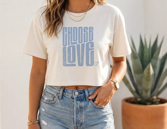 Choose Love Baby Blue Ecru Cotton Crop Top