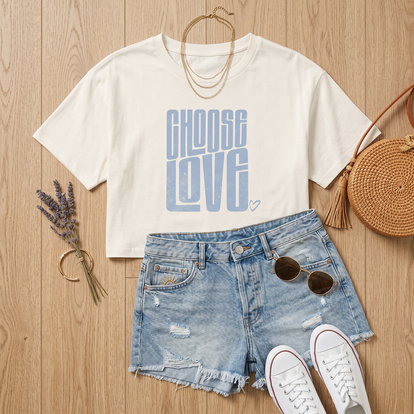 Choose Love Baby Blue Ecru Cotton Crop Top