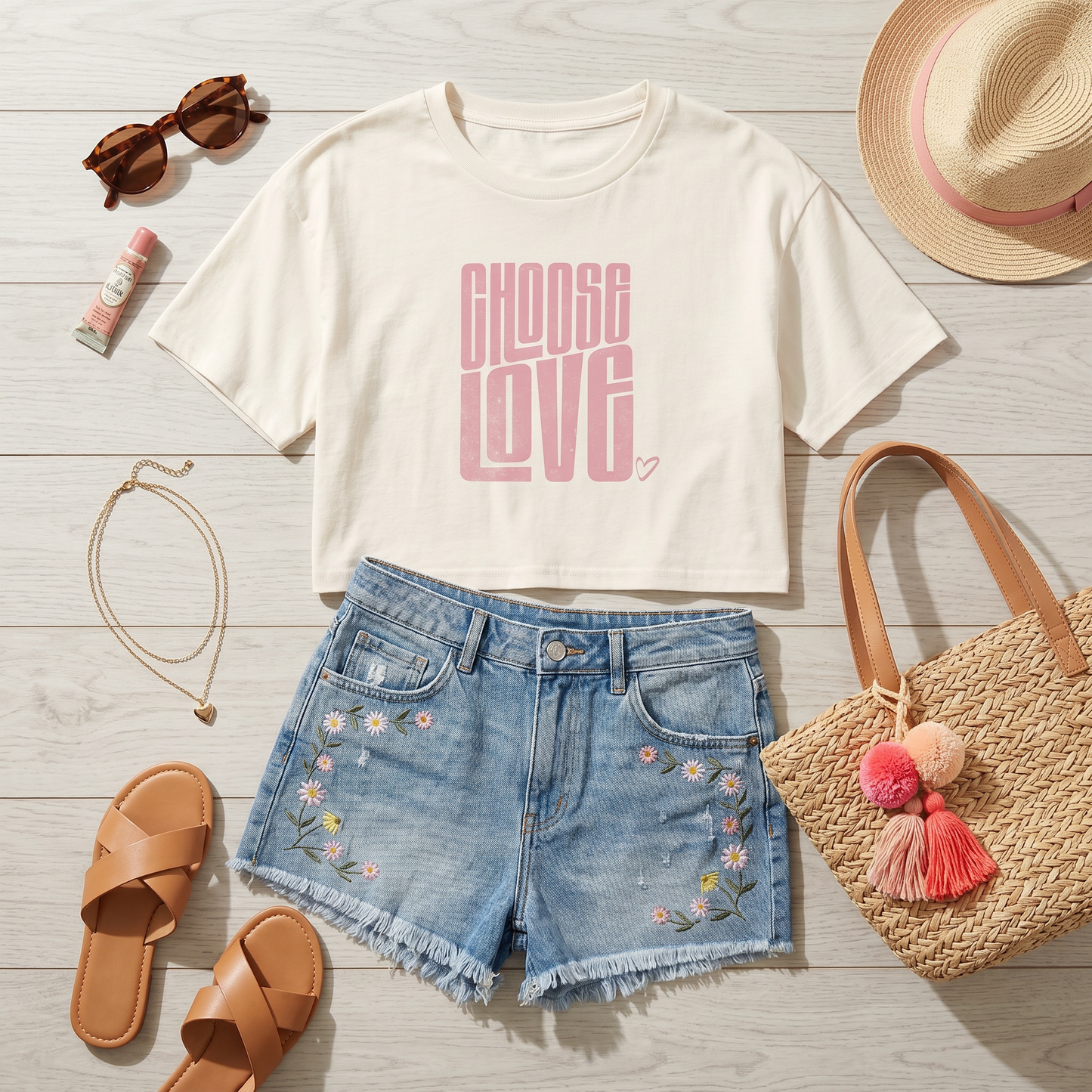 Choose Love Soft Pink Ecru Cotton Crop Top