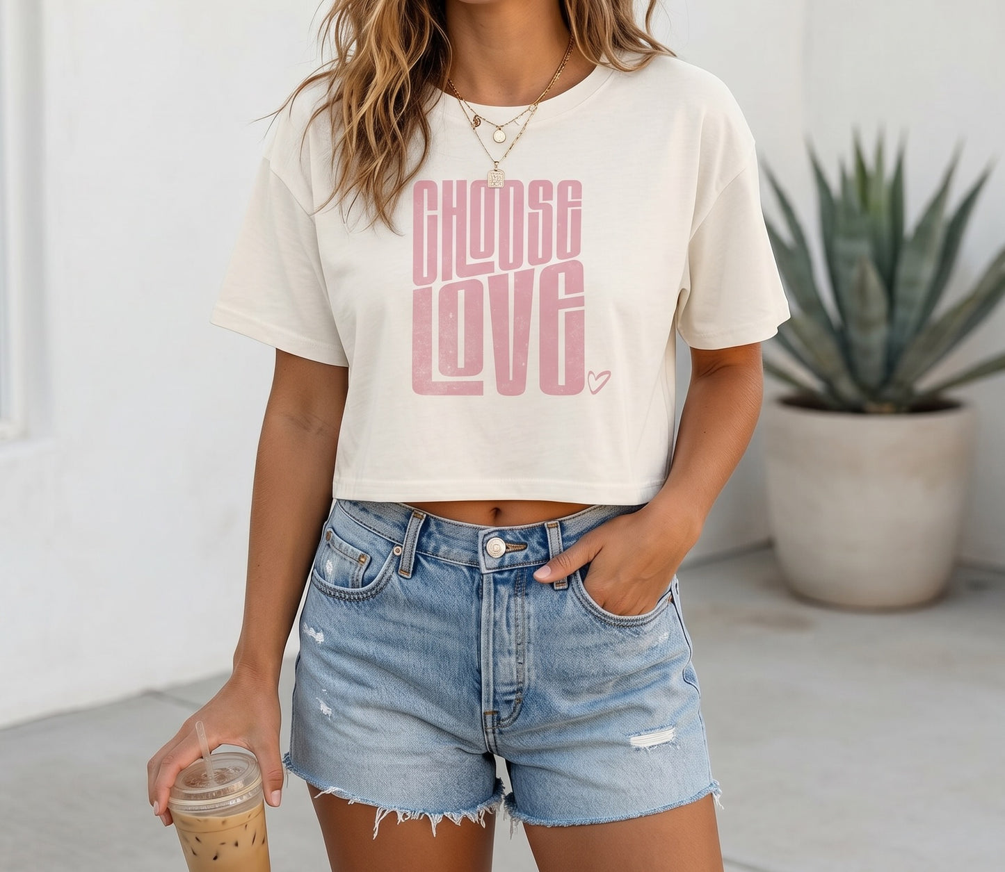 Choose Love Soft Pink Ecru Cotton Crop Top