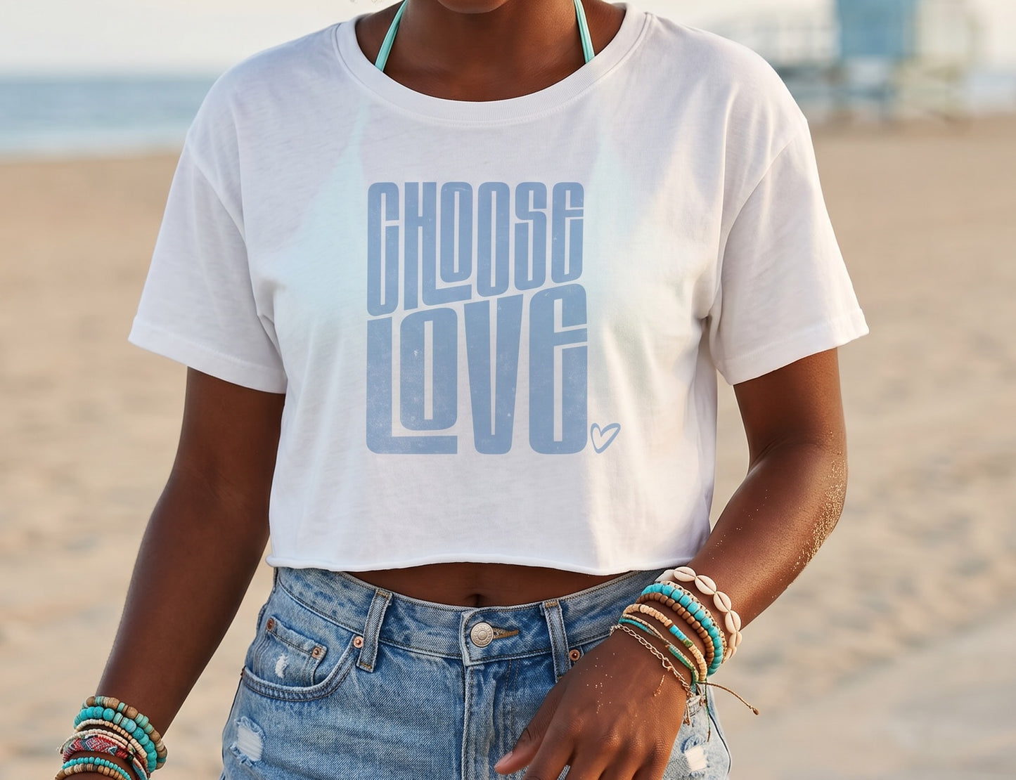 Choose Love Baby Blue Ecru Cotton Crop Top