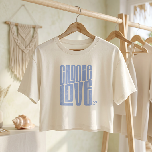 Choose Love Baby Blue Ecru Cotton Crop Top